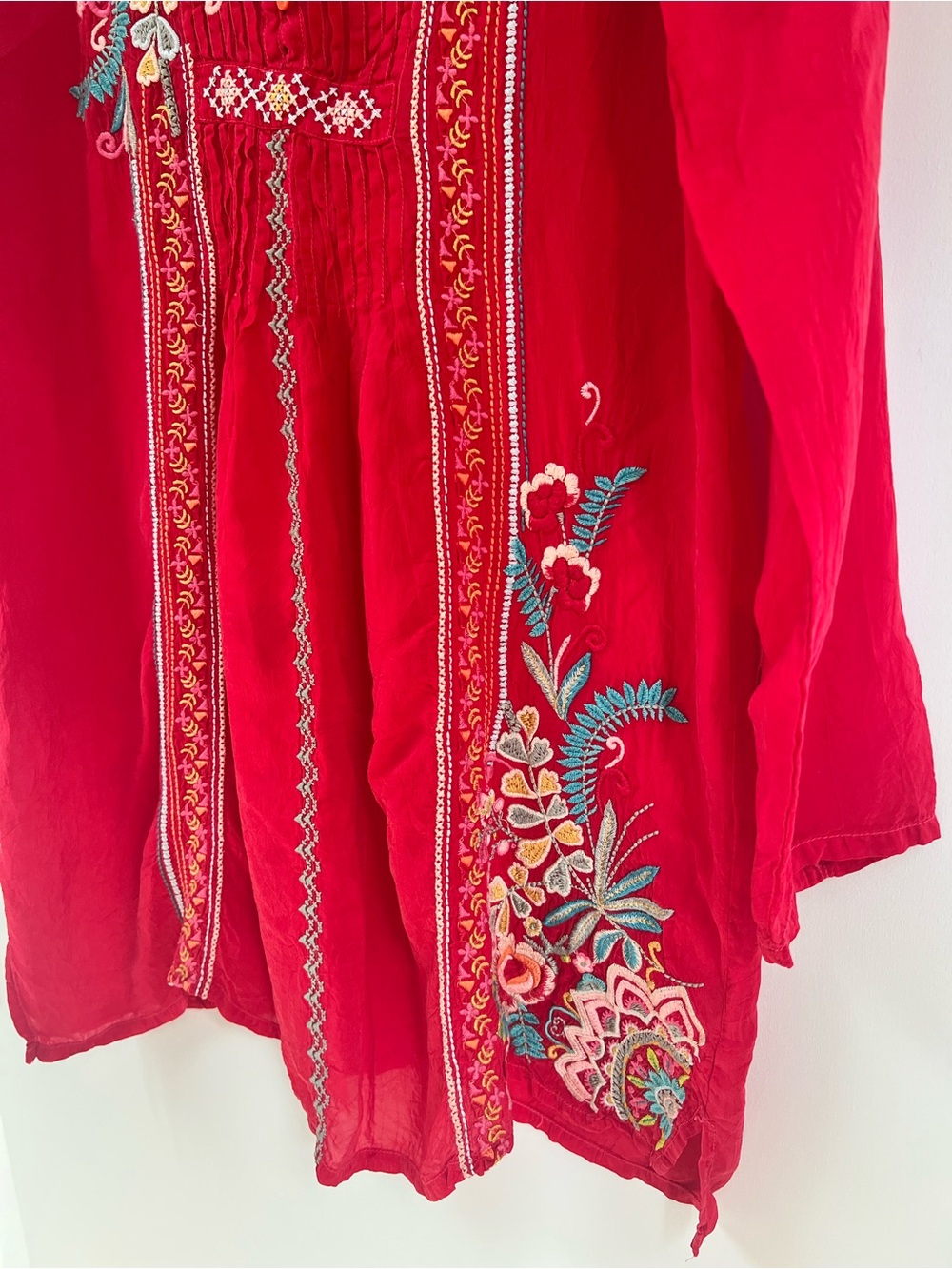 Johnny Was Red Embroidered Button Neck Tunic Blouse - Picture 4 of 13